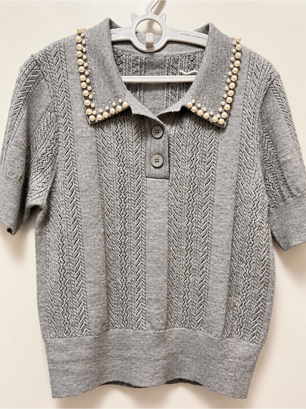 Pearl-Trim Gray V-Neck Knit Sweater
